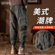 QDQG秋冬季美式工裝休閑褲男士新款加絨寬松運動(dòng)男褲百搭潮流哈倫褲子 灰軍色 32 （腰圍2尺5）建議130-140斤穿
