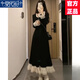 莫代爾法式花邊拼接長(cháng)袖連衣裙女2025春秋新款打底內搭彈力收腰針織長(cháng)裙 黑色 M 100-115斤左右均可