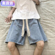 奧霂霖美式ins復古男女款織帶牛仔短褲夏季薄款寬松休閑潮流五分褲中褲 淺藍色-大抽繩強烈 S 75-90斤