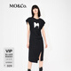 MO&Co.印花小飛袖高腰捏褶不規則開(kāi)叉小眾氣質(zhì)連衣裙女摩安珂 黑色-第1批 M 165