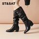 星期六（St&Sat）扣帶騎士靴圓頭長(cháng)靴新款高筒厚底百搭舒適氣質(zhì)美拉德風(fēng)女靴 黑色 36