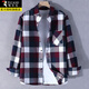 啄木鳥(niǎo)格子襯衫男春秋季款潮流高街男士寬松休閑長(cháng)袖襯衣外套上衣服男裝 紫紅格 L 【建議體重105-120斤】
