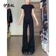 伊奈奴180高個(gè)子175加長(cháng)復古黑色微喇叭牛仔褲女辣妹低腰修身顯瘦喇叭褲 黑色加長(cháng) XL