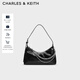 CHARLES&KEITH柔軟拉鏈式褶皺單肩包腋下包包女包女士生日新年禮物CK2-40782472 Noir黑色 S