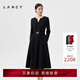 LANCY/朗姿2024春季新款V領(lǐng)收腰醋酸連衣裙女長(cháng)袖法式氣質(zhì)黑裙子 夜幕黑色 M