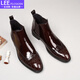 LEEFLC&GGXN奢侈品牌切爾西靴男商務(wù)尖頭加絨保暖高幫皮鞋漆皮亮皮青年短皮靴 酒紅色 41