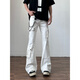 白色vibe綁帶工裝牛仔褲男款美式高街彎刀褲子修身顯瘦直筒微喇褲 白色 XL