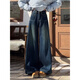 燦圖美式復古闊腿顯瘦牛仔褲女秋冬季大碼梨形身材胖mm高腰拖地長(cháng)褲子 復古藍 常規款 L