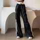 妙奕嘉休閑褲女黑色褲子2025年新款秋冬工裝褲薄款運動(dòng)褲闊腿褲寬松長(cháng)褲 白條紋抽繩工裝褲【黑色】 L
