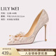 Lily Wei香檳金色細跟尖頭小碼高跟鞋大碼法式婚鞋新娘水晶鞋子純欲不累腳 香檳色【跟高10厘米】 38