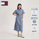 TOMMY JEANS【棉麻混紡】夏季女裝休閑收腰顯瘦長(cháng)裙襯衫裙連衣裙 牛仔藍1A5 XS （推薦：80-95斤）
