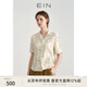 EIN言復古度假風(fēng)文藝翻領(lǐng)斜紋花卉印花正肩五分袖襯衫夏款 淺黃 S