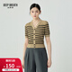 深呼吸DEEP BREATH女裝條紋拼色V領(lǐng)泡泡短袖針織開(kāi)衫女A400898 卡其 M (3)