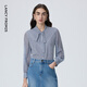 朗姿【尖貨補單】學(xué)院風(fēng)條紋印花襯衫襯衣女秋新款長(cháng)袖上衣設計感小眾 藏藍色 L