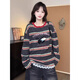 LDBE條紋撞色長(cháng)袖t恤女秋冬寬松百搭小眾設計感韓系圓領(lǐng)上衣打底衫ins 深灰色 M 80-120斤