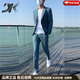 DK西服套裝男士春夏季新款英倫風(fēng)商務(wù)正裝韓版潮流修身痞帥休閑西裝 湖藍色 【兩件套】 XL 【128-138斤】