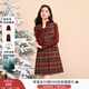 香影新年穿搭紅色連衣裙套裝2026春季新款英倫格子裙毛衣兩件套女 紅色 S