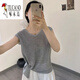 啄木鳥(niǎo)（TUCANO）韓系不規則T恤打結冰絲短袖T恤針織衫春夏新款時(shí)尚百搭洋氣上衣 灰色 M 建議95-110斤