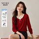 熙世界（sllsky）假兩件正肩長(cháng)袖t恤女春季2025年新款撞色圓領(lǐng)體恤上衣 漿果紅 XL