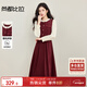 尚都比拉拼接假兩件連衣裙女春秋季新年紅花邊圓領(lǐng)長(cháng)袖A字裙顯瘦中長(cháng)裙子
