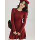 朋軒復古麻花圓領(lǐng)長(cháng)袖針織連衣裙女春收腰顯瘦打底a字百褶裙子通勤 酒紅色 XL 建議115-125斤穿