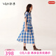 飛鳥(niǎo)和新酒格紋木耳邊拼接連衣裙女2025夏季新款圓領(lǐng)短袖裙 格子湖藍HMH04 S