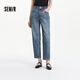 森馬（Semir）森柔|牛仔褲女夏季半松緊腰做舊長(cháng)褲女生基礎錐形褲103325124004