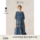 EIN國畫(huà)百花集 EIN言藝術(shù)感美拉藍線(xiàn)描印花抽褶法式連衣裙秋新款 墨藍 L