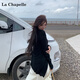 La Chapelle慵懶風(fēng)針織開衫女春秋季長袖外套薄款中長款小眾外搭上衣 黑色 L