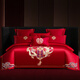 水星家紡婚慶四件套純棉床上用品新中式婚慶親膚棉刺繡被子被套床單 龍鳳喜事-大紅 床單款 1.8四件套-被套200x230