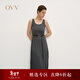 OVV秋冬熱賣(mài)女裝時(shí)髦圓領(lǐng)設計感百褶下擺吊帶連衣裙 深空灰 L