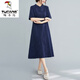 啄木鳥(niǎo)（TUCANO）夏季寬松遮肚棉麻連衣裙女裝短袖旗袍胖m妹氣質(zhì)顯瘦大尺碼亞麻長(cháng) 藏青色 2XL 【150-175斤】