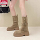 邦帛世馬丁靴女款英倫風(fēng)粗跟厚底2025新款秋冬短靴復古顯瘦增高中筒靴子 厚底馬丁靴【卡其色單里】 單層 跟高6cm 37