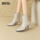 dusto時(shí)裝靴冬季女鞋新款粗跟高跟后拉鏈尖頭飾扣002380  米色 單層 36