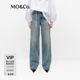 MO&Co.牛仔褲春手工洗磨抓痕懷舊高腰及地闊腿褲M(mǎn)BE1JEN022 牛仔藍色 XS