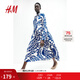 H&M女裝連衣裙2025秋季新款休閑風(fēng)圓領(lǐng)長(cháng)袖印花寬松中長(cháng)裙1263590 白色/藍色圖案 L 170/104