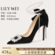 Lily Wei黑色方扣水鉆高跟鞋晚宴鞋一字帶流蘇時(shí)尚單鞋小碼情人節禮物 黑色【跟高10cm】 38