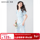 西遇V領(lǐng)碎花連衣裙2025年春夏季新款收腰褶皺法式甜美小裙子中長(cháng)裙 藍色 S