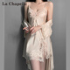 拉夏貝爾（La Chapelle）純欲風(fēng)冰絲睡衣女士春夏蕾絲性感情調仿真絲吊帶睡裙睡袍套裝禮盒