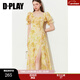 DPLAY2025年秋季新款黃色連衣裙女法式雪紡碎花裙多巴胺度假裙子 黃調印象花園 S