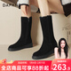 達芙妮【保暖加絨】冬季絨里中筒休閑靴百搭內增高厚底絨面女士雪地靴 黑色絨里 39