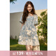 謎秀藍色碎花度假風(fēng)連衣裙2025春季新款法式小個(gè)子顯瘦減齡度假短裙 杏色 L