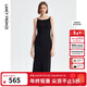 朗姿法式氣質(zhì)高級感修身方領(lǐng)吊帶連衣裙夏季新款裙子女 黑色2 S