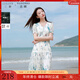 三彩若潮大碼女裝2025夏新款V領(lǐng)印花連衣裙短袖收腰蝴蝶結胖MM 冰川藍花卉 XL 170/96B