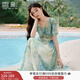 香影海邊度假暈染連衣裙女2025夏季新款民族風(fēng)波西米亞v領(lǐng)雪紡裙 綠花 連衣裙  S 155/80A/85-95斤