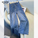 GCRZW輕奢高級感印花牛仔褲女春秋2026新款顯瘦港式直筒褲扎染闊腿褲 藍色 【輕奢高檔款】 M /27 建議95-105斤