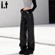 fingercroxx it黑色闊腿皮褲女2025春秋季加長(cháng)版高個(gè)子高腰直筒休閑褲子 黑色 【官方正品】 M （推薦110-120斤）