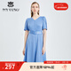 MY TENO春夏新款藍色連衣裙V領(lǐng)短袖收腰顯瘦中長(cháng)款傘裙淑女 藍色 M