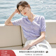 香影v領(lǐng)薄款針織衫女短袖2025夏裝新款藍色正肩t恤提花蝴蝶結上衣 紫色 M 160/84A/95-110斤