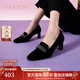 哈森（Harson）水鉆羊反絨粗高跟單鞋女氣質(zhì)通勤女鞋舒適百搭女鞋HS237905 黑色 羊反絨面革 38